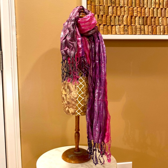 Elizabeth Gillet Pink & Purple Silver Metallic Scarf.  66” length - Picture 1 of 13